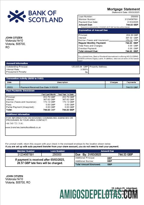Extrato de hipoteca do Banco da Escócia do Reino Unido em formatos Word e PDF baixar para verificação